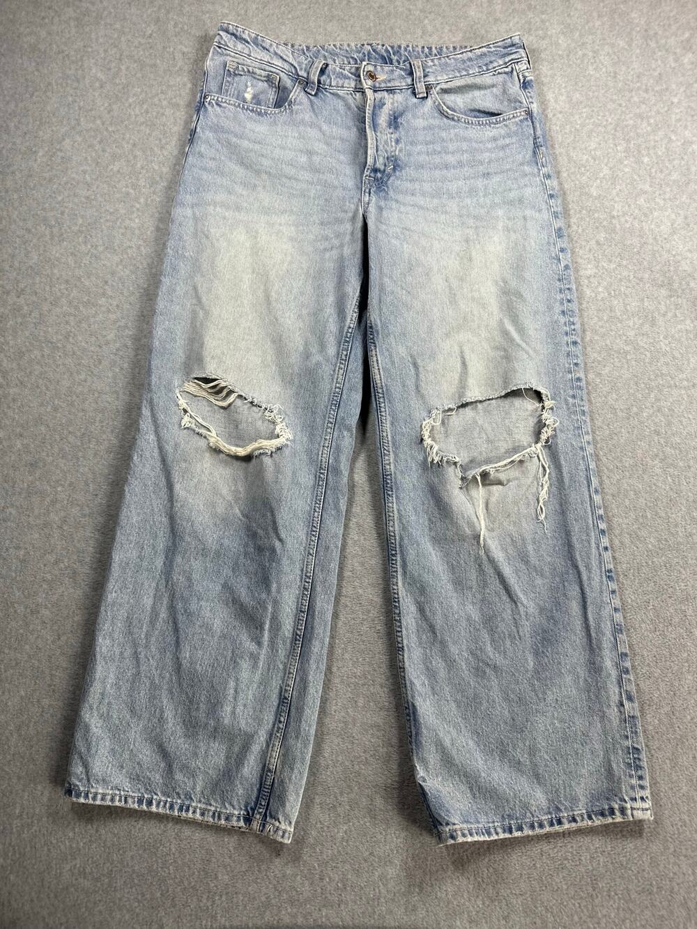 & Denim H&M Baggy Jeans Women's Size 10 Blue Distressed Mid-Rise Wide Loose Fit